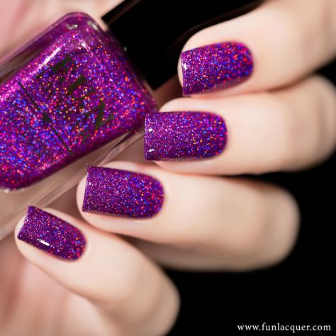 Crazy In Love is a violet purple micro fine holographic glitter in clear base! We use only the highest grade of holo glitter for all our polishes hence they're much brighter and shinier than the standard glitter polish on the market.  All F.U.N Lacquers are 5-FREE! They do not contain Dibutyl Phthalate (DBP), Toluene, Formaldehyde, Formaldehyde Resin, Camphor and it is cruelty FREE. Magenta Nails, Fun Lacquer, Glittery Nails, Purple Nail, Colorful Nail Designs, Toe Nail Designs, F U, Glitter Nail, Holographic Nails