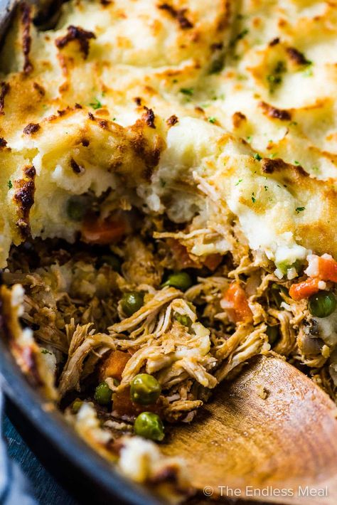 PIN TO SAVE FOR LATER! Leftover Turkey Shepherd's Pie is the ultimate comfort food. Veggies are cooked until soft, lightly seasoned, then mixed with leftover shredded turkey meat. Top with mashed potatoes and bake until bubbly and golden. It's an easy and delicious way to repurpose your Thanksgiving dinner. #theendlessmeal #turkeypie #chickenpie #turkey #shepherdspie #turkeyrecipes #leftoverturkey #thanksgiving #thankgivingleftovers #christmasleftovers #healthyrecipes #whole30 #paleo Shredded Chicken Shepards Pie, Turkey Shepherds Pie Recipe Leftover, Leftover Turkey Mashed Potato Casserole, Leftover Turkey Shepherds Pie Recipe Thanksgiving Leftovers, Dads Leftover Turkey Pot Pie, Turkey Shepards Pie, Leftover Turkey And Stuffing Recipes Thanksgiving Casserole, Turkey Shepherds Pie, Shredded Turkey