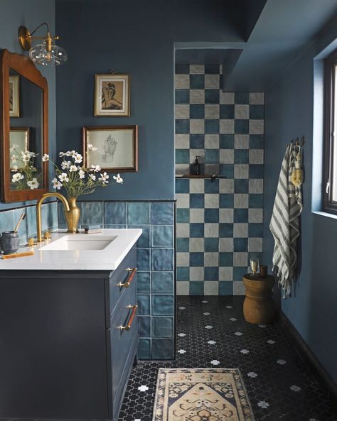 Make Your Bathroom the Most Soulful Spot in the House with These Decorating Ideas Checkered Bathroom, Blue Small Bathrooms, Vintage Blue Bathroom, Blue Tile Floor, Wall Tile Ideas, Ideas For Bathrooms, Blue Bathroom Walls, Gray Bathroom Walls, Dark Blue Bathrooms