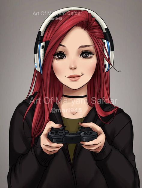 People's Portraits - Gamer by Mari945 Girl With Red Hair, Red Hair, Video Game, A Girl, Headphones, Deviantart, Red, Hair