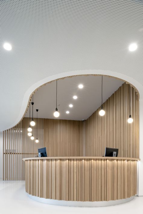 Image 5 of 44 from gallery of New City Hall / Cnockaert architecture. Photograph by Dieter Van Caneghem Reception Desk Lighting, Vstupná Hala, Hotel Room Interior, Hotel Lobby Design, Commercial And Office Architecture, Reception Desk Design, Lobby Interior Design, Lobby Reception, Modular Office