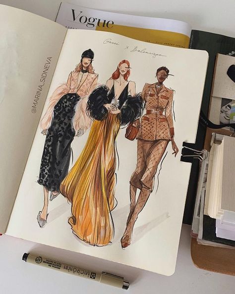 Marina Sidneva (@marina_sidneva) • Instagram photos and videos Fashion Sketches Aesthetic, Fashion Styling Portfolio, Fashion Illustration Portfolio, Fashion Sketchbook Inspiration, Fashion Design Inspiration, Fashion Design Classes, Fashion Figure Drawing, Fashion Illustration Watercolor, Fashion Illustrations Techniques