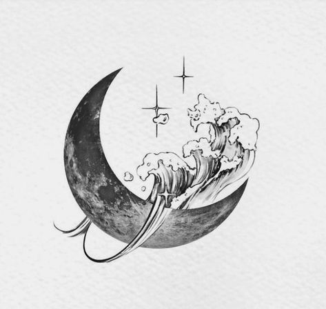 Ocean With Moon Tattoo, Moon And Wave Tattoo Designs, Moon And Ocean Drawing, Star And Ocean Tattoo, Shaded Wave Tattoo, Moon And Ocean Tattoo Designs, Moon And Tide Tattoo, Sky Related Tattoos, Celestial Ocean Tattoo