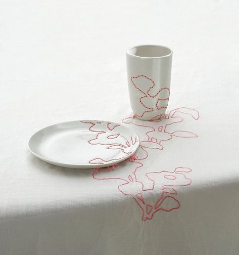 Dutch designer Hella Jongerius. This embroidered tablecloth continues patterns derived from Ming vases across plates and cups. |… Assiette Design, Hella Jongerius, Art Appliqué, Embroidered Tablecloth, Art Institute Of Chicago, Design Industrial, Dutch Design, Ceramic Design, Ceramic Clay