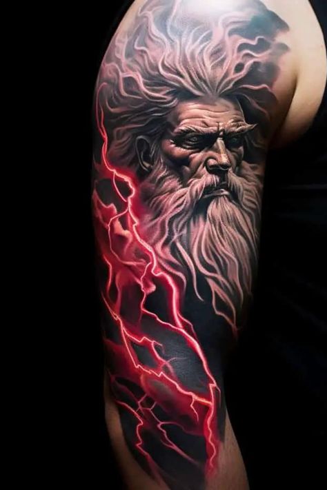 Zeus Tattoo Sleeve Ship Tattoo Sleeves, Greek God Tattoo, Poseidon Tattoo, Lightning Tattoo, Zeus Tattoo, Greek Mythology Tattoos, God Tattoos, Tattoo Inspiration Men, Omerta Tattoo