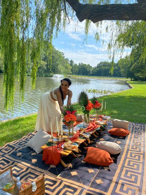 Birthday Brunch Picnic Ideas, Tropical Picnic Ideas, Luxury Picnic Themes, Black Picnic Aesthetic, Luxury Picnic Aesthetic, Black Luxury Picnic, Luxury Picnic Food Ideas, African Picnic, Boho Picnic Ideas