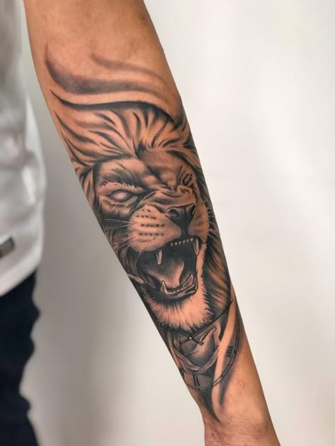 Tattoo Ideas For Men Animals, Leo Tattoo For Men Lion, Forearm Tattoo Filler Ideas, Roaring Lion Tattoos For Men, Leo Tattoo Men, Realistic Lion Tattoo Design, Lion Tattoo On Leg, Lion Hand Tattoo Men, King Lion Tattoo