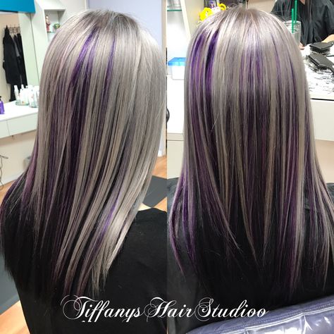 Metallic silver and purple violet hair! Black Silver And Purple Hair, Purple Streaks In Grey Hair, Purple And Gray Hair Color, Silver With Purple Highlights, Purple Peak A Boo Hair Blonde, Dark Purple And Silver Hair, Black Blonde Purple Hair, Silver Hair With Purple Underneath, Purple Blonde Black Hair