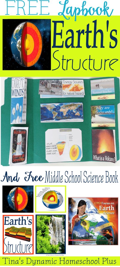 Free-Earth-Structure-Lapbook-Middle-School-Science-Book-@-Tinas-Dynamic-Homeschool-Plus Science Middle School, Earth Structure, Earth Science Projects, Science Unit Studies, Earth Science Activities, Earth Science Lessons, Unit Studies Homeschool, 8th Grade Science, 6th Grade Science