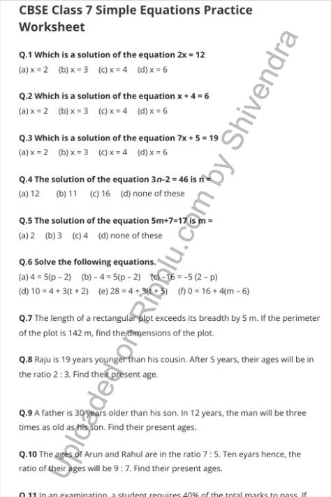 Download free pdf of Chapter 4 Simple Equations Worksheets for Class 7 Maths. Students can easily get all the Class 7 Maths… The post Simple Equations Worksheets for Class 7 Maths – Chapter 4 appeared first on CBSE Papers and Worksheets in PDF For free. Simple Equations Worksheet, Simple Equations, Class 4 Maths, Equations Worksheets, Class 6 Maths, Maths Worksheets, Algebraic Expressions, Gcse Math, Revision Notes