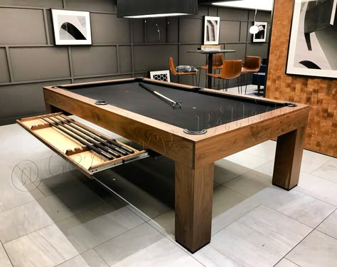 Beautiful custom pool table with optional cue storage drawer.  We offer this Parsons table in Teak, walnut, oak, maple, & even zebra wood.  Speak with a custom pool table expert today - nygameroom@gmail.com Cool Pool Tables, Pool Table Room Ideas, Pool Table Room Decor, Pool Cue Storage, Custom Pool Table, Diy Pool Table, Billard Table, Custom Pool Tables, Modern Pool Table