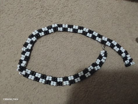 I made an adjustable kandi checkered belt using the ladder stitch! It took really long, but I think it turned out great! ^_^ 💖😭‼️ #kandi #scene #cool #diy Kandi Belt Pattern, Ladder Cuff Kandi, Kandi Ladder Stitch, Scene Accessories Diy, Diy Scene Accessories, Ladder Stitch Kandi, Kandi Belt Chain, Scene Kandi Bracelets, Kandi Belt