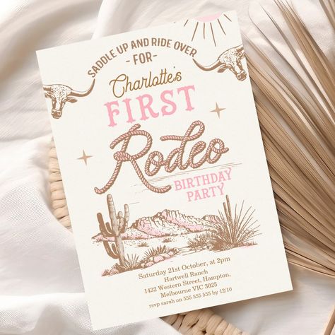 $1.98 | Pink Vintage Desert First Rodeo 1st Birthday  Invitation #zgroupon #wild west themed #western first birthday party #girls first rodeo invitation #vintage #pink cowgirl wild west #western 1st birthday #my first rodeo birthday invitation #pink wild west #wild west desert Themes For 1st Birthday, First Rodeo Birthday Party Girl, My First Rodeo Birthday Girl, Cowgirl First Birthday Party, Western First Birthday, Western 1st Birthday, Rodeo 1st Birthday, Wild West Desert, My First Rodeo Birthday