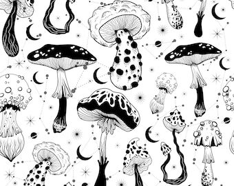 Black And White Mushroom Art, Black And White Mushroom Wallpaper, Mushroom Print Pattern, Mushroom Black And White, Mushroom Mural, Gothic Mushroom, Trippy Paintings, Wallpaper Mushroom, Painted Mushrooms