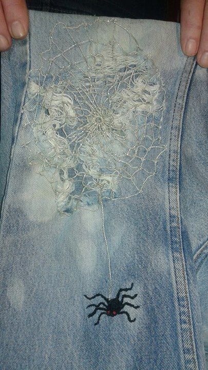 Crochet spider and web jean patch Spider Web Jeans Diy, Crochet Jean Patch, Crochet Jeans Patch, Spider Web Jeans, Spider Jeans, Spider Web Crochet, Customizing Clothes, Crochet Jeans, Web Crochet