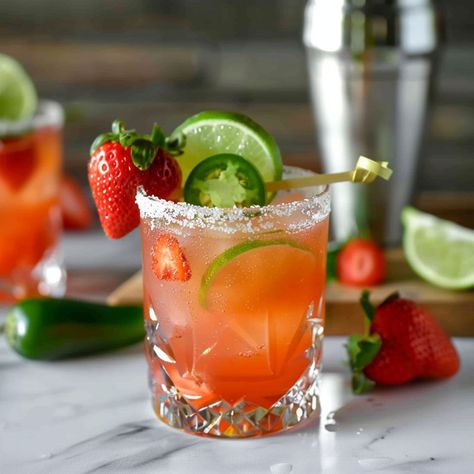 Get ready to ignite your taste buds with our Strawberry Jalapeño Margarita! This tantalizing cocktail combines the sweetness of ripe strawberries with the fiery kick of fresh jalapeños for a flavor explosion like no other. Strawberry Jalapeño Margarita, Mezcal Recipes, Strawberry Jalapeno Margarita, Mezcal Cocktails, Jalapeno Margarita, Lime Margarita, Beverage Recipes, Delicious Drinks, Lemonade Stand