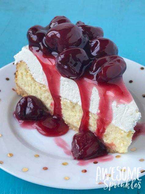 Vanilla bean cheesecake with homemade rum cherry sauce made with fresh whole cherries is the classic dessert! | Awesome with Sprinkles Cherry Sauce For Cheesecake, Sauce For Cheesecake, Americana Party, Homemade Rum, Cheesecake Chocolate Cake, Ice Cream Cheesecake, Cream Pancakes, Cake Pancakes, Vanilla Bean Cheesecake