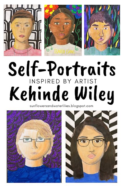 Self Portrait Drawing Background, Self Portrait Art Lessons Middle School, Drawing Projects For Elementary Students, Types Of Portraits Art, Self Portrait Elementary Art, Student Self Portraits, Portraits For Kids, Intermediate Art, Self Portrait Drawing