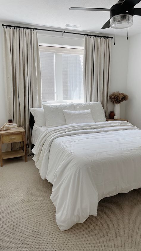 neutral bedding, bedroom curtains, bedroom design, guest bedroom design ideas Guest Room Inspo Minimalist, Plain Guest Bedroom, Guest Room With Carpet, Guest Bedroom No Headboard, Guest Bedroom Ideas On A Budget Simple, Basic Guest Bedroom, Minimal Guest Bedroom Ideas, Simple Small Guest Room Ideas, Small Guest Bedroom Ideas Cozy Simple