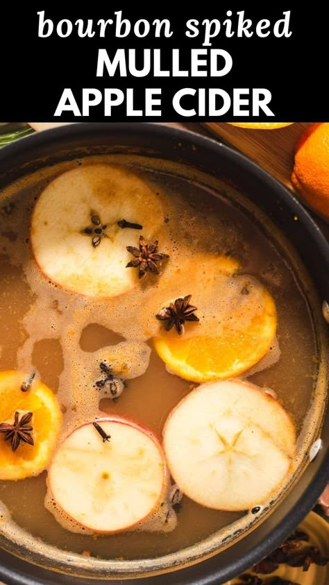 This hot apple cider is mulled with warming spices and spiked with bourbon for a cozy fall drink! It's ready in under 30 minutes and is perfect for fall gatherings. Hot Cider Recipe Spiked, Hot Apple Cider Crock Pot Alcohol, Mulled Spiked Apple Cider, Hot Apple Cider Bourbon Cocktail, Hot Bourbon Apple Cider, Spiked Apple Cider Bourbon, Mulled Cider Alcoholic, Warm Apple Cider Alcohol Drinks, Hot Apple Cider Alcohol Drinks