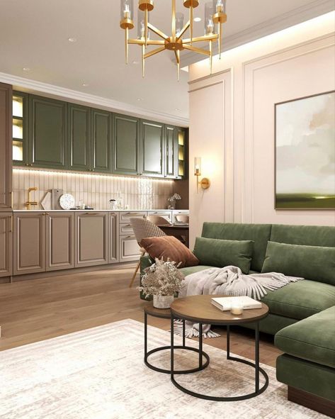 Olive Green And Taupe Living Room, Modern Classic Living Room Classy, Living Room Green Accents, Chaise Sofa Living Room, Olive Living Rooms, Brand Catalogue, Modern Classic Living Room, Modern Classic Home, Luxxu Modern Design Living