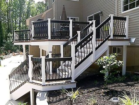 Black And White Deck, Black Spindles, Fiberon Decking, Aluminum Balusters, Deck Balusters, White Deck, Deck Colors, Composite Deck, Deck Stairs