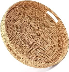 HITOMEN 11.8'' Hand-Woven Round Rattan Serving Tray Decorative Wicker Trays with Handles for Coffee Table (Natural-M) California Coastal Interior Design, Round Rattan Tray, Rattan Serving Tray, Snack Bread, Salas Living Room, Table Breakfast, Breakfast Drinks, Bread Fruit, Rattan Tray