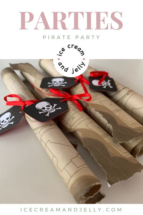 Pirate party invitations, which are pirate treasure maps, rolled into a scroll tied with a red ribbon Pirate Birthday Cake, Pirate Party Invitations, Pirate Gifts, Pirate Treasure Maps, Pirate Invitations, Paper Bunting, Edible Gold, Pirate Birthday Party, Pirate Birthday