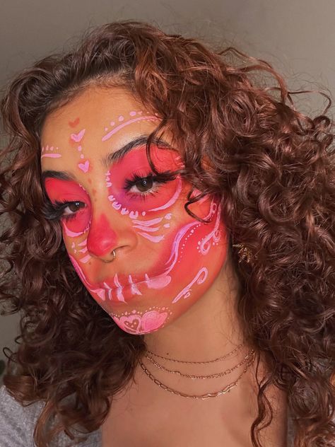 Pink Skull Makeup Halloween, Pink Sugar Skull Makeup, Mexican Face Paint, Mexican Makeup Look Traditional, Sugar Skull Makeup Pretty, Colorful Skull Makeup, Pink Skull Makeup, Mexican Skull Makeup, Jojo Makeup