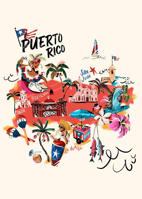 Puerto Rico Illustration Art, Puerto Rico Map Art, Puerto Rico Illustration, Puerto Rico Vibes, Latino Art Aesthetic, Trip Poster Design, Puerto Rican Aesthetic, Puerto Rico Wallpaper, Puerto Rico Poster