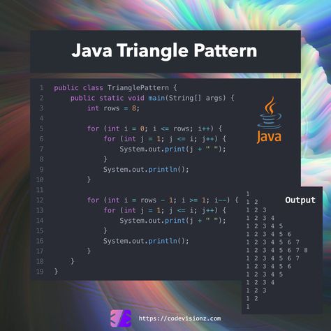 This program outputs a triangle pattern. 🔗 Link in Bio - Learn to code online #java #javaprogramming #javacode #javacoding #learnjava #code #codes #coding #learntocode #learncode #learncoding #learnprogramming #programming #softwaredeveloper #developer#softwaredevelopers #programminglife #codinglife #programminglanguage #programmingstudents #dev #devs #developer #developerlife Java Code Wallpaper, Java Programming Notes, Java Programming Code, Java Notes, Java Learning, Coding Java, Java Language, Java Code, Java Programming Tutorials