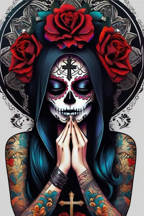 Mexican Pinup Tattoos, Mexican Sugar Skull Art Beautiful, Sugar Skull Art Painting, Sugar Skull Stencil, Day Of The Dead Girl Tattoo, Candy Skull Tattoo, Skull Girl Tattoo, Sugar Skull Artwork, Skull Stencil