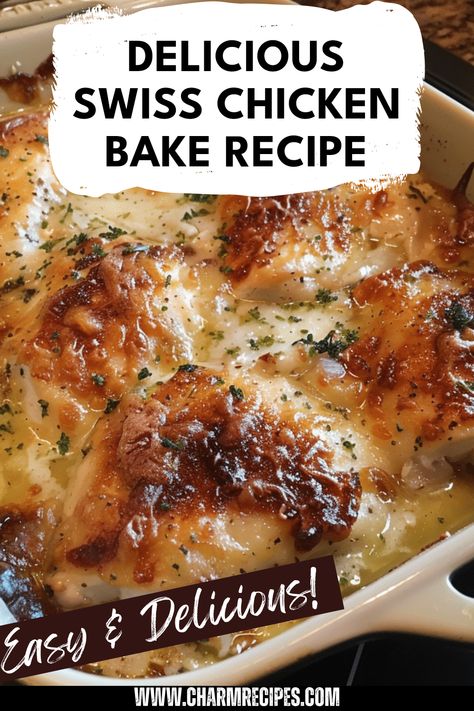 If you're looking for an easy and satisfying meal, try this Swiss Chicken Bake. You’ll enjoy tender chicken breasts topped with creamy Swiss cheese and delicious ingredients that melt in your mouth. Perfect for family dinners or potlucks, this Swiss Chicken Bake combines flavors like sweet peppers or mushrooms, making it a hit at any table. Plus, it’s a one-dish wonder that simplifies cleanup! Dig into comfort food with this savory recipe that is fast to prepare without compromising taste and quality. Fast Comfort Food Dinners, Creamy Swiss Cheese Chicken Bake, Meals With Swiss Cheese, Baked Swiss Chicken, Swiss Chicken Recipe, Swiss Cheese Recipes Main Dishes, Chicken With Swiss Cheese Recipes, Creamy Swiss Chicken Bake, Swiss Cheese Chicken Bake