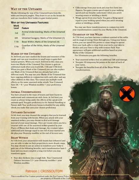 Unleash bestial power for those monks who owe their skills to the wilds. Dnd Monastic Tradition, Dnd Monk Homebrew, Norse Dnd, Dnd Monk Character Design, Roguish Archetype, Rogue Archetypes, Dnd Monk, Dnd Subclasses, Homebrew Classes