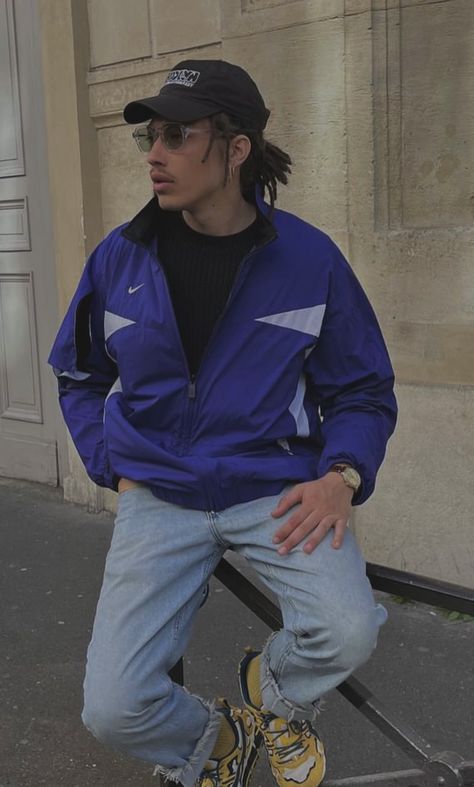 Blue Windbreaker Outfit Men, 90s Windbreaker Outfit, Windbreaker Outfit Men, Man Fits, Windbreaker Outfit, 90s Windbreaker, Mens Windbreaker, Men Fits, Outfits Ideas