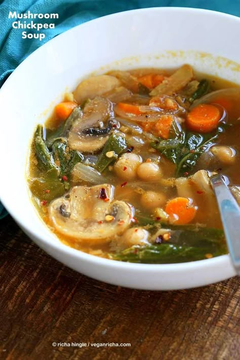 Mushroom Chickpea Soup with Veggies and Greens - Vegan Richa Brothy Soup, Soup With Veggies, Chickpea Recipes Easy, Vegan Richa, Chickpea Soup, Chickpea Recipes, Vegan Soups, Vegan Soup, Healthy Soup