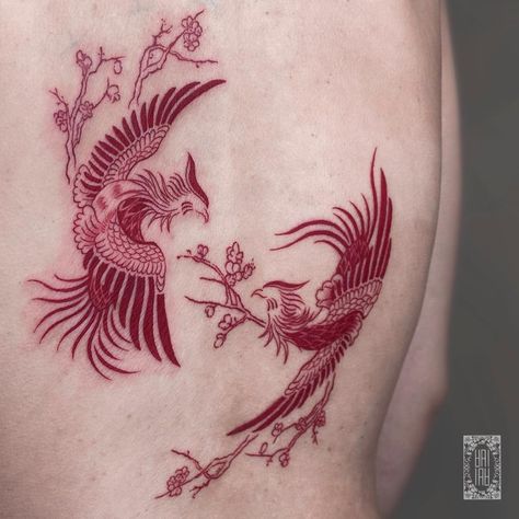 Cherry Blossom Red Tattoo, Phenoix Tattoos Back, Cherry Blossom Tattoo Women, Pheonix Tattoo For Women On Back, Red Phoenix Tattoo, Chinese Phoenix Tattoo, Phenix Birds Tattoo, Dragon Phoenix Tattoo, Overlord Tattoo