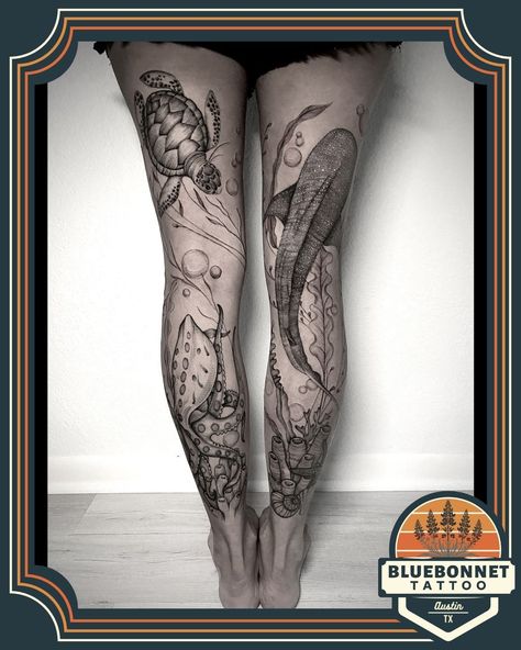 Dive into the deep with this stunning ocean creature leg sleeve, crafted by @botanicalbodyart in the heart of Austin, Texas! From turtles and octopus tentacles to swirling currents, each element flows seamlessly from one canvas to the next, creating a beautifully cohesive underwater world. The dedication to detail brings these sea creatures to life, capturing the movement and mystery of the ocean in every line and shade. #AustinTattoo #OceanTattoo #LegSleeve #BotanicalBodyArt #oceantattoos... Underwater Leg Tattoo, Octopus Ankle Tattoo, Octopus Tattoos Leg, Ocean Leg Tattoo, Ocean Leg Sleeve Tattoo, Shelby Tattoo, Sea Creature Tattoo, Tentacle Tattoo, Austin Tattoo