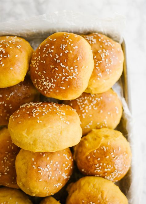 Sweet Potato Buns - Wood & Spoon Potato Hamburger Buns, Sweet Potato Burger, Potato Burger, Summer Burgers, Potato Buns, Bun Bread, Yeast Baking, Bread Yeast, Homemade Yeast