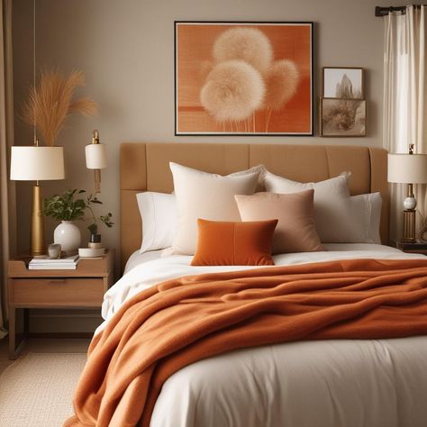 Orange Headboard, Rustic Side Tables, Cozy Bedroom Decor Ideas, Beige Blanket, Cozy Bedroom Decor, Blanket Wall, Bedroom Vibes, Rustic Side Table, Simple Lamp