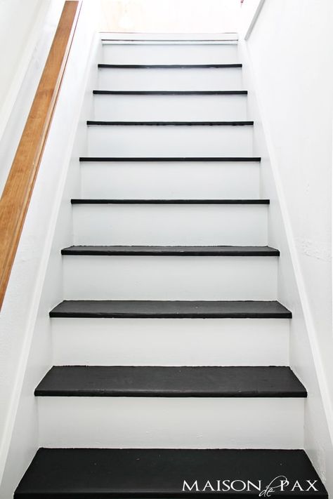 Totally transformed by paint! Gorgeous, simple black and white painted staircase #stairs #diy Stairs Painted, Black And White Stairs, Stair Riser Vinyl, Stairs Renovation, Painted Staircases, Stair Makeover, White Stairs, Diy Staircase, Stairs Makeover