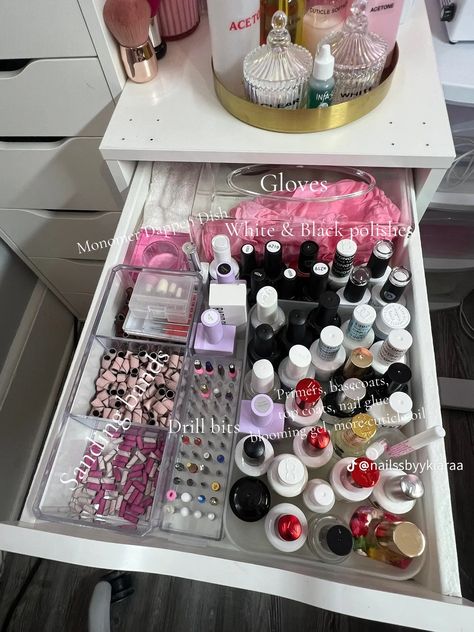 Nail Suite Set Up, Beginner Nail Tech Essentials, Nail Organizer Ideas, Nail Art Set Up, After Care Nail Kits, Nail Products Organization, Nail Tech Beginner Checklist, Nail Tech Organization Ideas Storage, Nail Tech Table Set Up