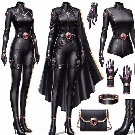 Black Hero Suit, Female Superhero Suit Design, Supersuit Design Female, Villain Outfits Female Drawing, Superhero Suit Design, Hero Suits, Superhero Outfits, Villain Outfits Female, Superhero Suits