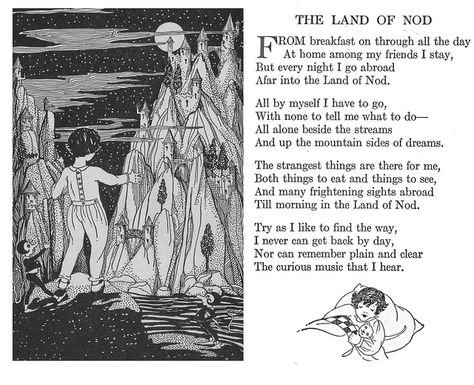 The Land of Nod    “A Child’s Garden of Verses” by Robert Louis Stevenson and illustrated by Dorothy E. Russell. Introduction and notes by Blanche E. Weekes. Copyrighted in 1928 by The John C. Winston Co. Poetry Analysis, William Butler Yeats, Rhyme Scheme, College Writing, The Land Of Nod, Land Of Nod, Cottage In The Woods, Robert Louis Stevenson, Robert Louis