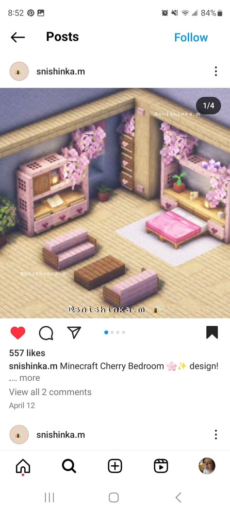 Minecraft House Essentials, Cute Beds In Minecraft, Pink Bedroom Minecraft Ideas, Minecraft Bedroom Inspiration, Minecraft Pink Bathroom, Minecraft Room Divider, Girly Minecraft Bedroom, Minecraft Living Room Ideas Pink, Minecraft House Interior Cottagecore