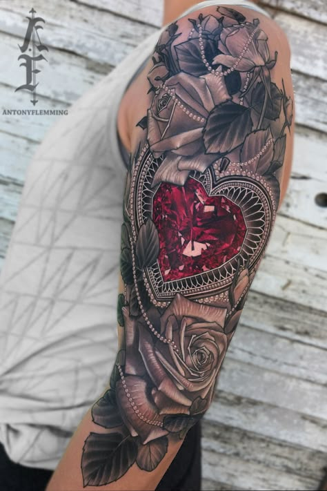 Tattoo uploaded by Antony Flemming Ruby Tattoo, Lace Sleeve Tattoos, Lace Tattoo Design, Gem Tattoo, Jewel Tattoo, Maori Tattoos, Girl Arm Tattoos, Diamond Tattoos, Floral Tattoo Sleeve