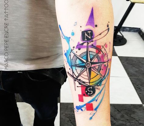 Compass tattoo by Marco Pepe | Photo 17844 Watercolor Compass Tattoo, Watercolor Heart Tattoos, Floral Watercolor Tattoo, Watercolor Butterfly Tattoo, Compass Tattoo Design, Download Hair, Tatuaje A Color, World Tattoo, 3d Tattoo