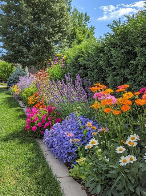 Fence Line Landscaping Ideas, Fence Line Landscaping, Backyard Flowers Garden, Green Fence, Backyard Flowers, Flower Landscape, Beautiful Flowers Garden, Backyard Garden Design, Front Yard Garden