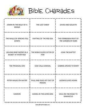 Free Printable Bible Charades Game. Free Printable Bible Charades Game to have fun with kids Bible at school, home or Church. A very easy Bible Charades Game to share with your kids or students. Just cut out the 18 charades cards and place them folded in a container. Then take turns drawing a paper from the container and act it Sunday School Games Elementary Bible Activities, Christian Pictionary Game, Fun Bible Games For Kids, Bible Who Am I Game, Bible Pictionary Ideas, Church School Activities, Bible Games For Youth Free Printables, Bible Bingo For Kids Free Printable, Fun Sunday School Games