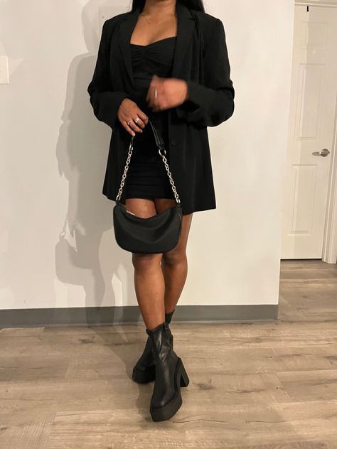 Lbd With Blazer, Dress Blazer And Boots Outfit, Black Blazer Black Dress, Black Blazer Over Dress, Black Blazer Dress With Boots, Black Mini Dress With Blazer, Black Slip Dress With Blazer, Blazer Mini Dress Outfit, Black Dress With Black Blazer